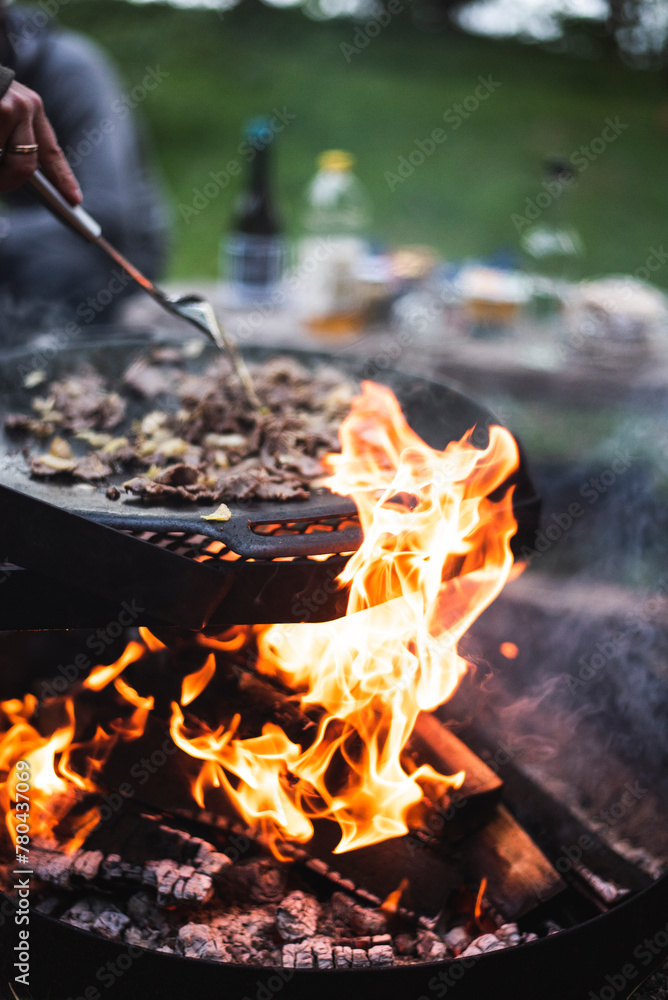 Cropped hand of woman cooking mushrooms on campfire Cropped hand of woman cooking mushrooms on campfire