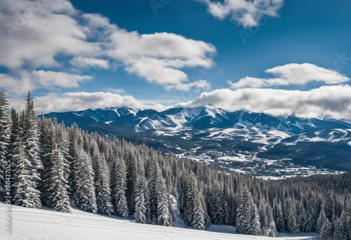 AI generated illustration of a majestic landscape of snowy mountains with evergreen trees