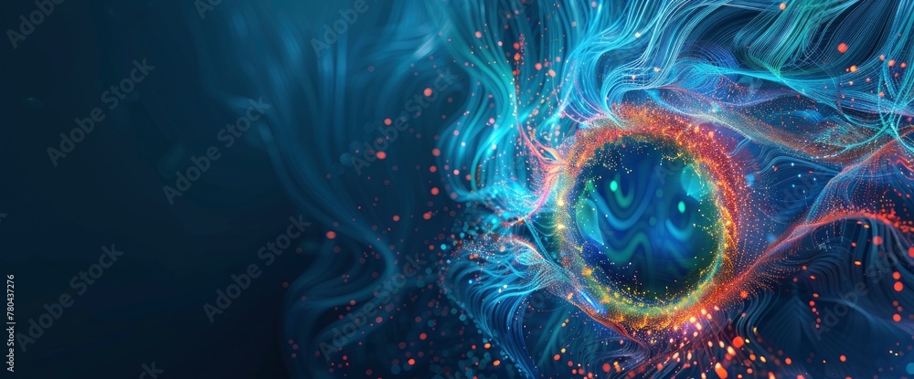 Abstract digital background with an exploding light effect and data visualization, forming the shape of an eye ball on a dark blue backdrop. The explosion is made up of colorful glowing lines Abstract digital background with an exploding light effect and data visualization, forming the shape of an eye ball on a dark blue backdrop. The explosion is made up of colorful glowing lines