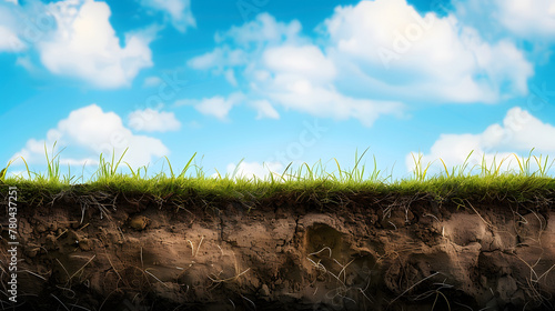 Cross section brown soil and green grass in under ground with blue sky in background