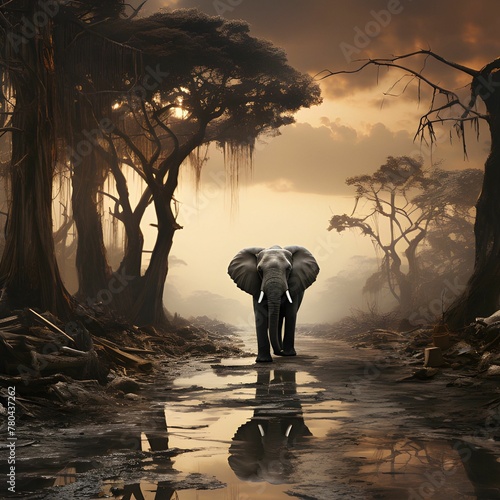 AI generated illustration of an elephant walking in a puddle in a polluted savannah photo