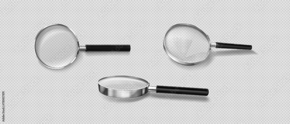 Fototapeta premium Realistic 3d magnifier glass in different angles of view. Vector illustration set of magnify with plastic handle, metal frame and transparent zoom lens for search and focus concept. Magnify loupe tool