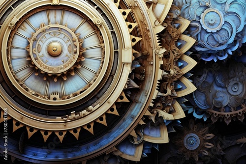 large golden clock with many different gears and wheels on display