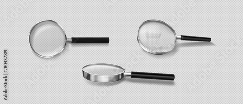 Realistic 3d magnifier glass in different angles of view. Vector illustration set of magnify with plastic handle, metal frame and transparent zoom lens for search and focus concept. Magnify loupe tool