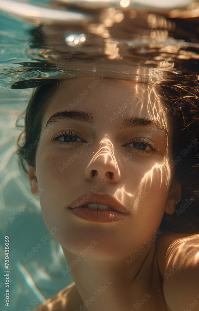 Captivating underwater portrait of a young woman, light refracting gracefully over her features, serene and ethereal. Captivating underwater portrait of a young woman, light refracting gracefully over her features, serene and ethereal.