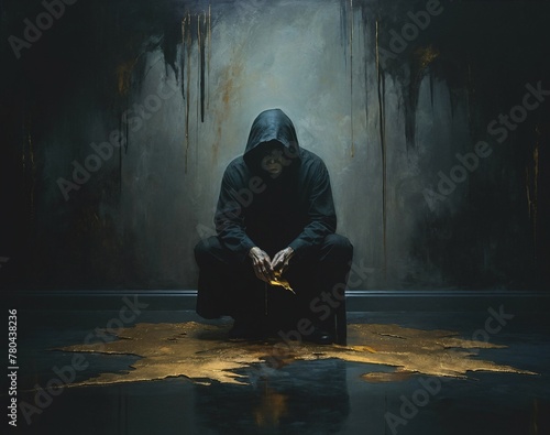 A Dark Illustration of a Mysterious Hooded Figure in a Sitting Position, Desolation and Melancholy Concept, AI Generative photo