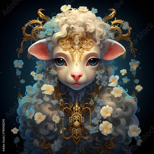 the head of a sheep with a golden horn in its mane and white flowers