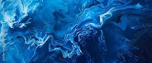 Abstract paint strokes in liquid blue, forming an intricate and captivating background.