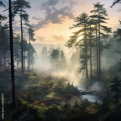 AI generated illustration of an idyllic stream meandering through a foggy woodland, with tall trees