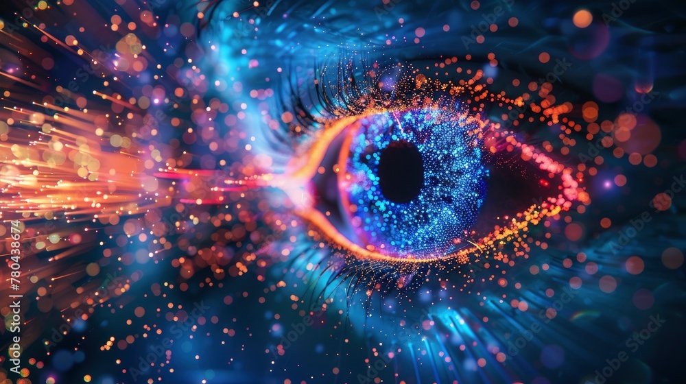 Abstract digital background with exploding colorful light and data streams forming an eye shape on a dark blue background, highly detailed Abstract digital background with exploding colorful light and data streams forming an eye shape on a dark blue background, highly detailed
