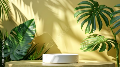 a small white box sitting on a wooden table surrounded by some green plants