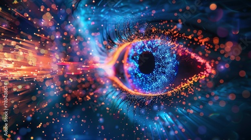 Abstract digital background with exploding colorful light and data streams forming an eye shape on a dark blue background, highly detailed © Moon Art Pic