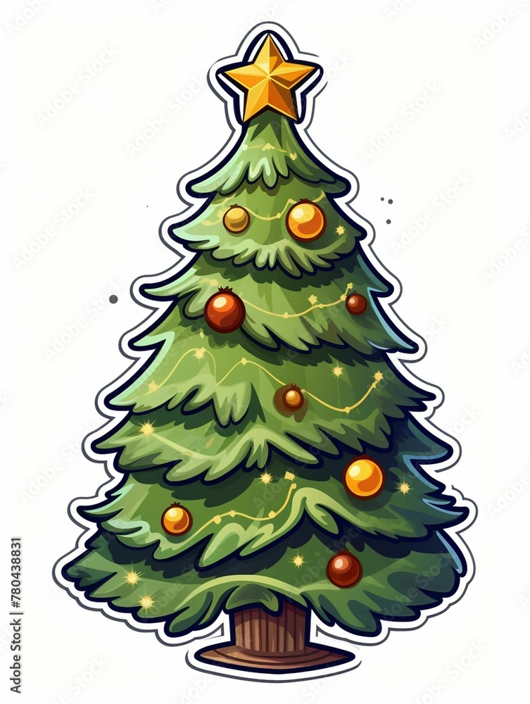 AI generated illustration of a brightly-colored Christmas tree adorned with decorations