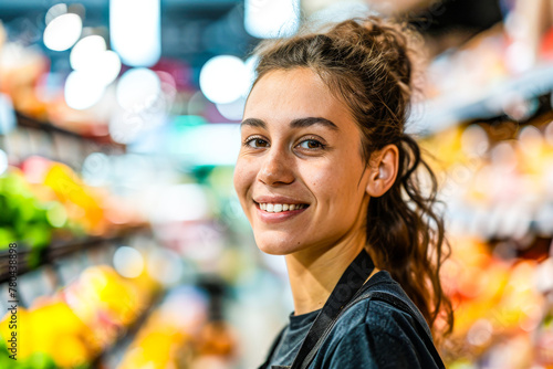 A young woman smiles joyfully at the camera in a colorful grocery store aisle with fresh produce in the background photo