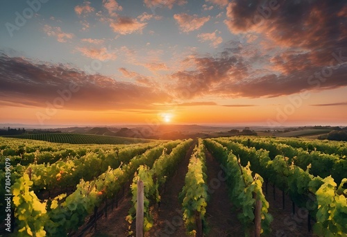 AI generated illustration of sunset over a vineyard with a row of vines in the foreground