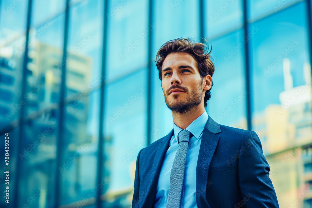 A handsome man with styled hair in a smart suit stands confidently in front of a reflective glass office building A handsome man with styled hair in a smart suit stands confidently in front of a reflective glass office building