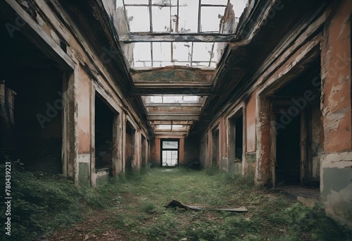 AI generated illustration of the interior of an abandoned building with grass overgrowth