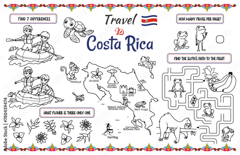 A fun placemat for kids. Printable to “Travel to Costa Rica” activity sheet with a labyrinth, find the differences and find the same ones. 17x11 inch printable vector file