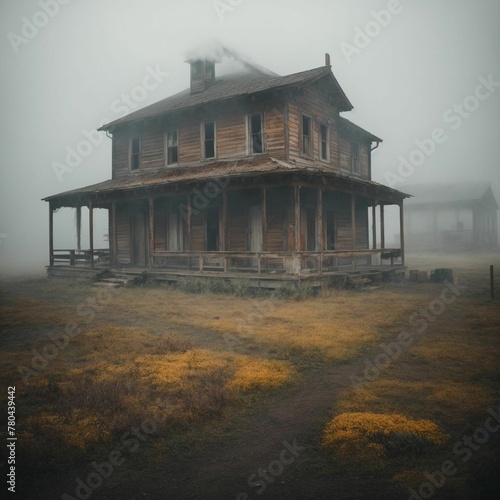 AI generated illustration of a rustic wooden house covered in thick layer of fog