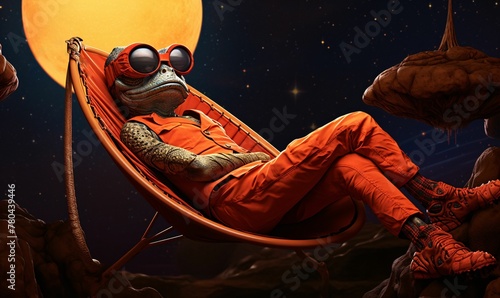 AI generated illustration of a lizard wearing a red outfit, resting in a hammock