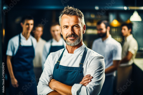 A confident male chef with crossed arms in front of his team in a professional restaurant kitchen