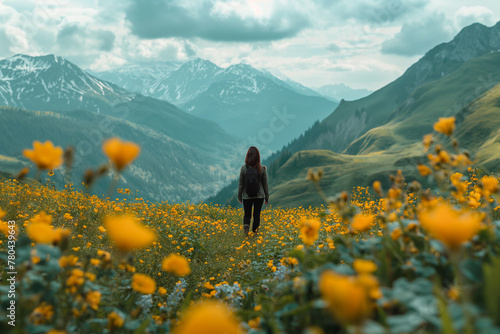 Solitary figure amidst a sea of wildflowers facing majestic mountains, a moment of solitude and nature's grandeur.