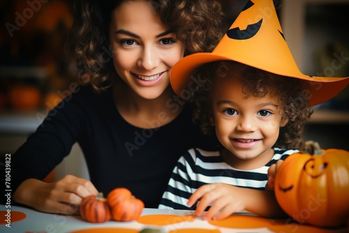 AI generated illustration of a mother with her child sitting at a table with Halloween pumpkins