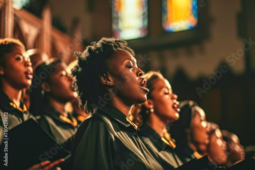 Isometric capture of a church choir in robes, engaged in a soulful singing performance photo