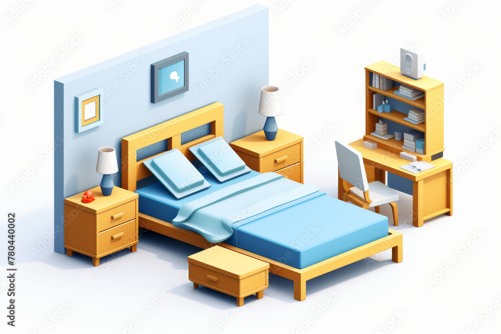 An inviting isometric bedroom showcasing a comfortable bed, a study area, and stylish blue accents An inviting isometric bedroom showcasing a comfortable bed, a study area, and stylish blue accents