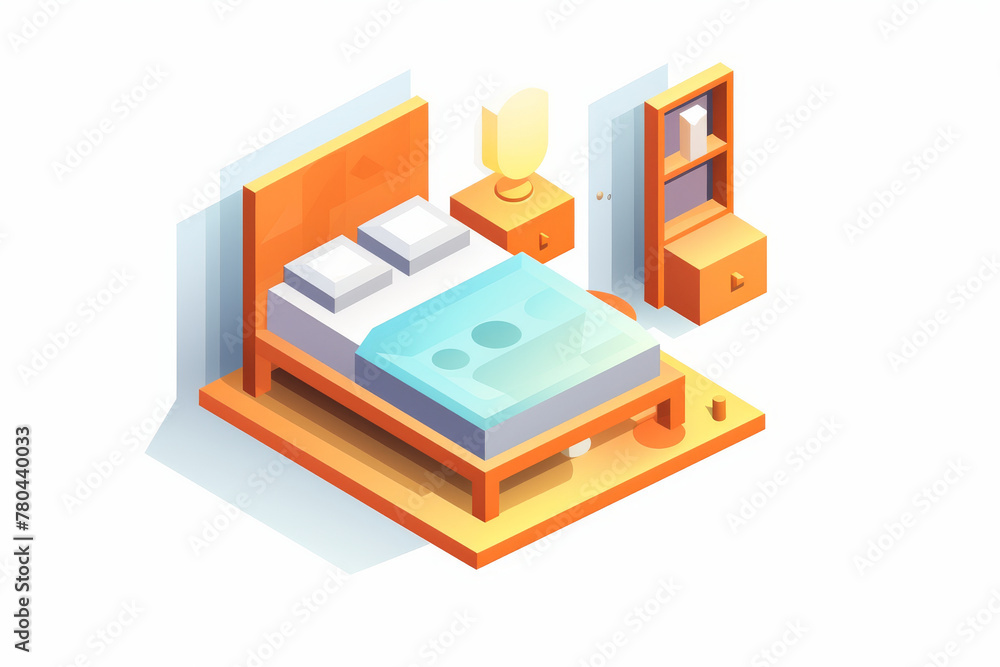 A minimalist bedroom design in isometric view, with warm bedding and simplistic decor A minimalist bedroom design in isometric view, with warm bedding and simplistic decor