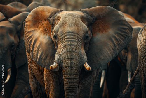 Elegant elephant with a gentle gaze, earthy tones, set against a herd backdrop, perfect for nature and ecological themes.