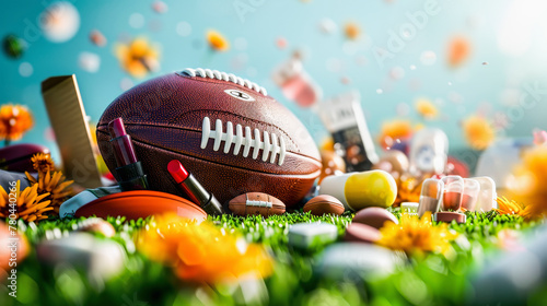 American football on grass with autumn leaves, flowers, and game-related items, suggesting a vibrant fall season football theme. photo