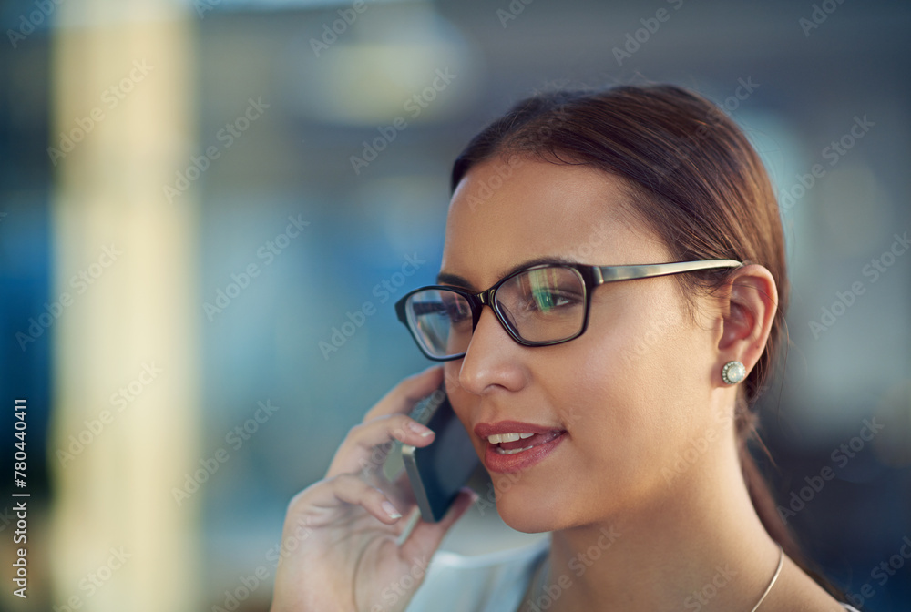 Woman, talking and phone call in workplace for business with communication, glasses and graphic design. Office, agency job and mobile in hand for speaking conversation, internet and creative company Woman, talking and phone call in workplace for business with communication, glasses and graphic design. Office, agency job and mobile in hand for speaking conversation, internet and creative company
