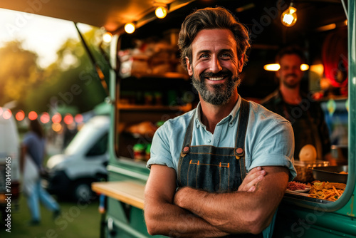 A friendly man in casual attire with crossed arms in front of a food stand, exemplifying a relaxed business atmosphere photo