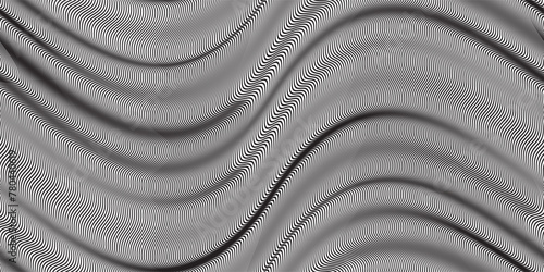 Moire seamless pattern with folds imitation. Optical effect of surreal psychedelic texture. Black and white abstract bg with waves. Simple pattern with lines
