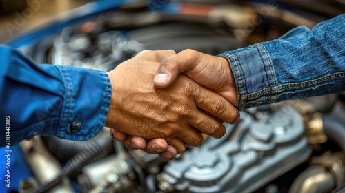 Two men shake hands in front of a car engine photo