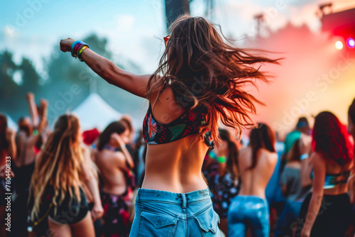 Energetic young woman enjoying the vibrant atmosphere of a summer music festival with colorful lights and a dynamic crowd