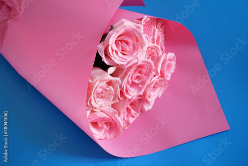 Beautiful pink roses bouquet on blue background, amazing roses, birthday, wedding, Valentine's Day, Mother's Day