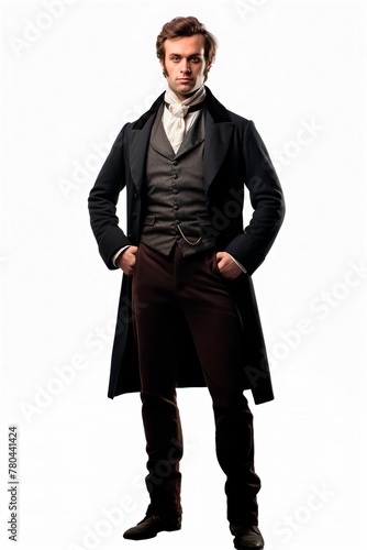 Regency-era gentleman in fine clothes against a white background, AI-generated.