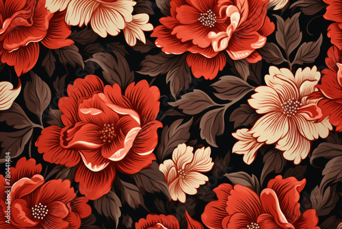 A seamless pattern showcasing rich red florals and luscious green foliage against a dark background, ideal for elegant textile designs