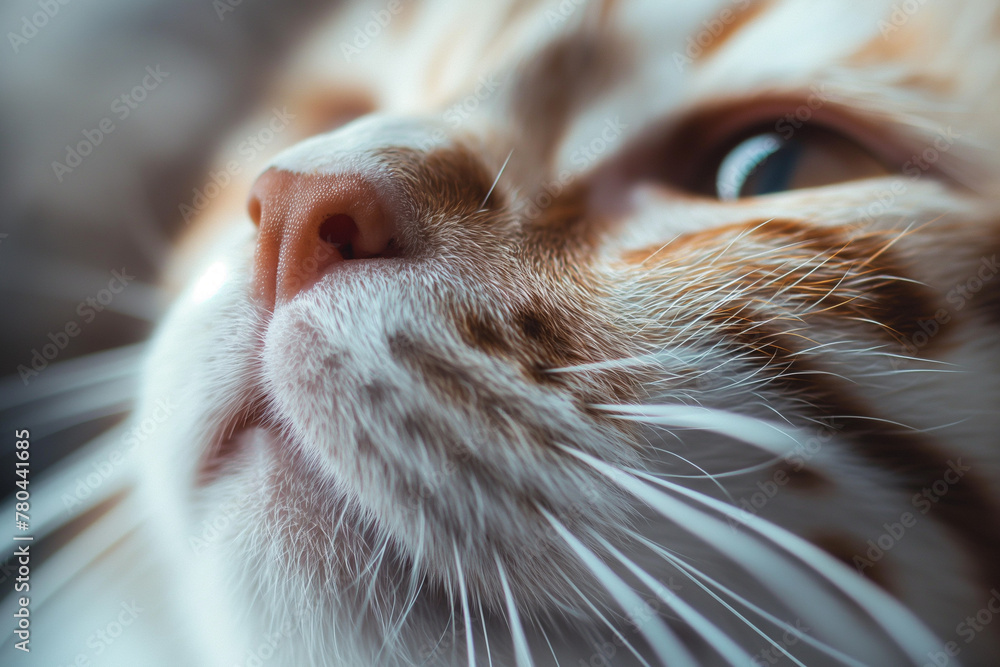 Macro shot of a fluffy white and ginger cat's face, with a focus on its whiskers and dreamy gaze, ideal for pet and tranquility themes. Macro shot of a fluffy white and ginger cat's face, with a focus on its whiskers and dreamy gaze, ideal for pet and tranquility themes.