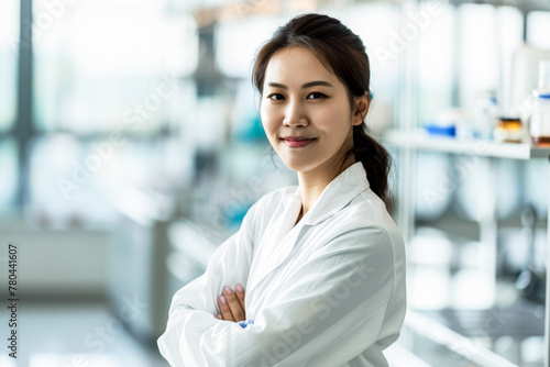 A confident Asian female scientist is smiling in a modern laboratory, symbolizing professionalism and innovation