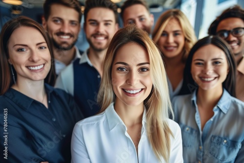 A group of professionals stands together, smiling warmly and looking directly at the viewer.