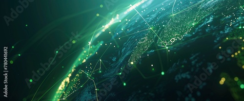 Abstract digital map of the Earth with glowing lines and dots, green on a dark blue background. Concept for a global network technology