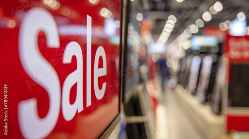 Close Up of a Red Sale Sign in a Home Electronics Department Store with a Range of Modern Smart TV Sets. Shoppers Explore Discounted Home Appliances in a Busy Retail Storefront