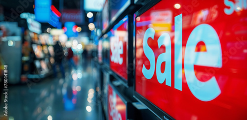 Close Up of a Red Sale Sign in a Home Electronics Department Store with a Range of Modern Smart TV Sets. Shoppers Explore Discounted Home Appliances in a Busy Retail Storefront