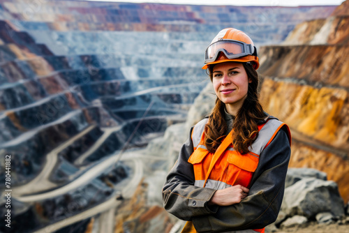 Confident female engineer poses in front of a vast mining operation, showcasing the industry's scale and her role © Tixel