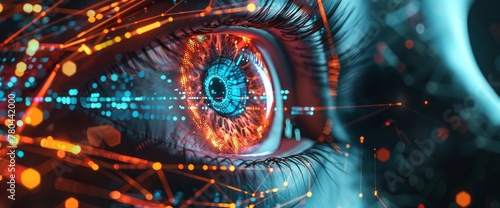 Abstract eye with digital and technological elements, symbolizing the future of vision technology and data visualization in high resolution. Digital background for graphic design