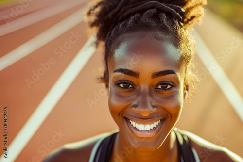 An attractive athlete with a beaming smile photographed with a stadium and bridge in the background photo