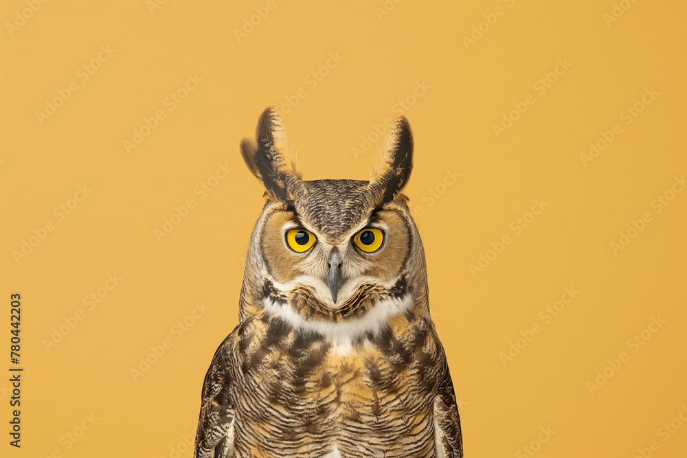Striking close-up of a great horned owl on a mustard yellow backdrop, highlighting its piercing gaze and intricate feather patterns, ideal for nature and animal themes. Striking close-up of a great horned owl on a mustard yellow backdrop, highlighting its piercing gaze and intricate feather patterns, ideal for nature and animal themes.